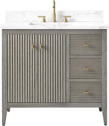 HOMEBEYOND 36" Bathroom Vanity with Sink, Solid Wood Bathroom Vanity Free-Standing Cabinet, Drawers, Ceramic Top & Soft Closing Door, Golden Brushed Handware, Driftwood Gray