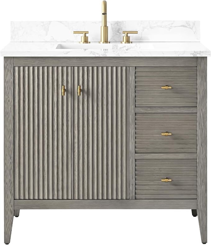 Vanity Art 36 inch Bathroom Vanity with Single Sink & Ceramic Top, Vanity Cabinet with Soft-Closing Door, Solid Wood Frame, Linear Pattern, Driftwood Gray, Golden Brushed Handware VA9136-DG-GB