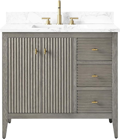 Vanity Art 36 inch Bathroom Vanity with Single Sink & Ceramic Top, Vanity Cabinet with Soft-Closing Door, Solid Wood Frame, Linear Pattern, Driftwood Gray, Golden Brushed Handware VA9136-DG-GB