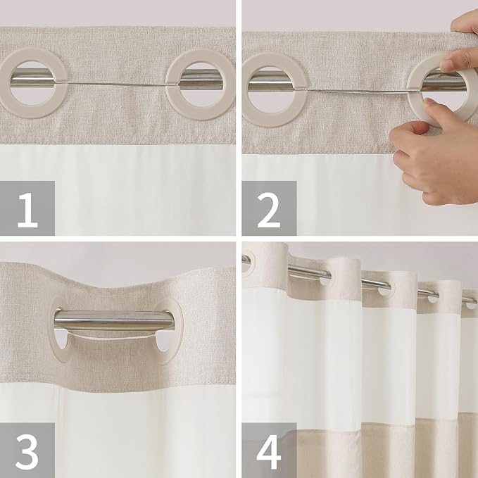 eachope No Hook Linen Texture Shower Curtain with Snap-in Liner,71x92 Cream | Extra Long,230GSM Thick Fabric,Hotel Luxury Decor,Mesh Top Window,Bottom Magnetic,Waterproof & Machine Washable,for Bathroom