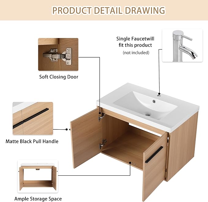 30" Floating Bathroom Vanity,30 Inch Bathroom Vanity with Sink,Single Sink Wall Mounted Vanity Combo,Brown Wall Mounted Cabinet Set