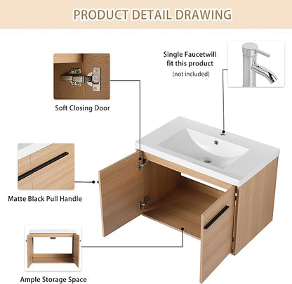 30" Floating Bathroom Vanity,30 Inch Bathroom Vanity with Sink,Single Sink Wall Mounted Vanity Combo,Brown Wall Mounted Cabinet Set