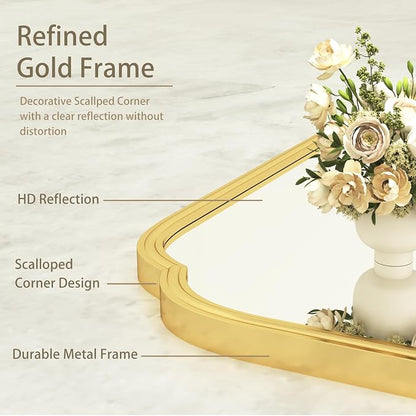 SMIROR 24x36 Gold Scalloped Corner Bathroom Vanity Mirror for Wall | Metal Frame, Scalloped Rectangle, Anti-Rust, Horizontally or Vertically Mounted