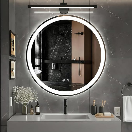 DUMOS 36 Inch Round LED Bathroom Mirror with Lights, Circle Vanity Mirror with Anti-Fog, Dimmable, 3-Color Light, Memory Function, Tempered Glass