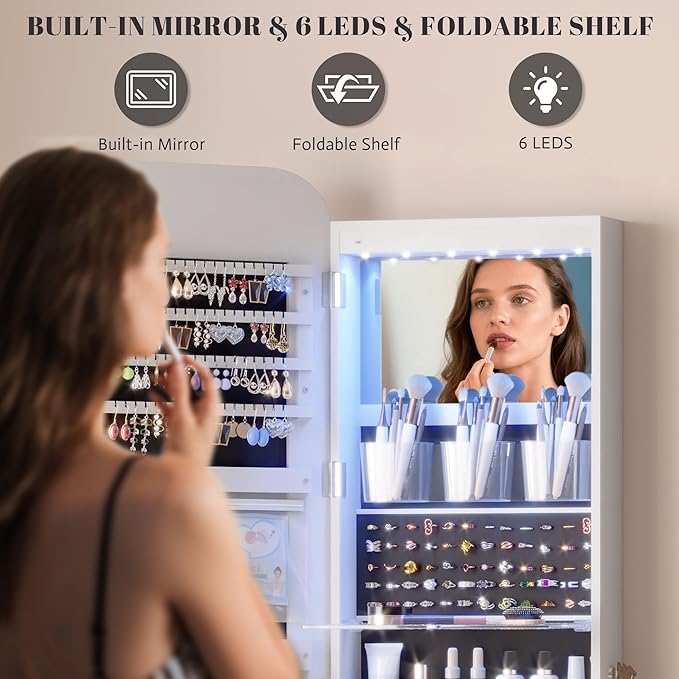 Vlsrka 47.2" Wall/Door Mounted Jewelry Cabinet Organizer Armoire W/Mirror | 6 LEDs, Over The Door Hanging Jewelry Organizer with Rounded Corner Mirror, Lockable Full Length Mirror with Storage,White