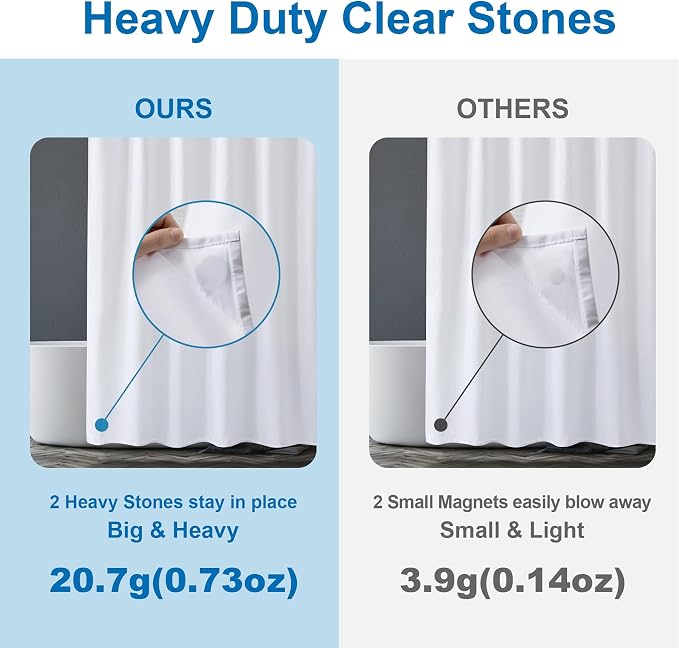 Long Stall Shower Curtain Liner Washable, 54 x 78 Inches, Fabric Shower Liner with 2 Bottom Stones, Waterproof RV Shower Curtain Liner, 9 Grommet Holes, Hotel Quality, White