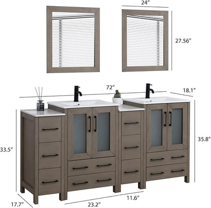 HOMEBEYOND 72 Inch Modern Bathroom Vanity with Sink & Mirror, Double Sink Vanity Cabinet with Basin and Mirror, Dove-Tailed Drawers, Soft-Closing Doors, Wood, Driftwood Gray