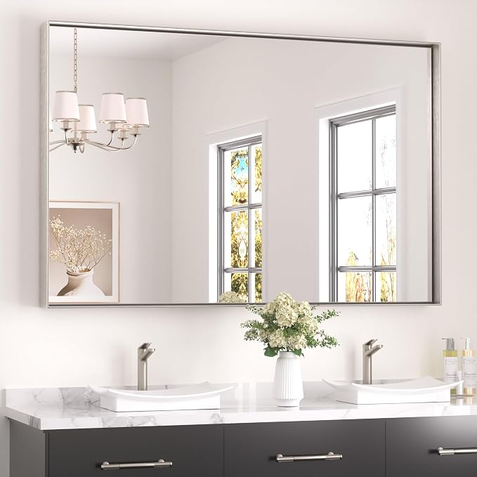 Keonjinn 55x36 Inch Nickel Bathroom Mirror for Over Sink, Rectangular | HD Tempered Glass, Vanity Mirror, Brushed Framed, Square Corner, Modern Farmhouse, Wall Mounted Mirrors, Aluminum Alloy