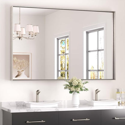 Keonjinn 55x36 Inch Nickel Bathroom Mirror for Over Sink, Rectangular | HD Tempered Glass, Vanity Mirror, Brushed Framed, Square Corner, Modern Farmhouse, Wall Mounted Mirrors, Aluminum Alloy