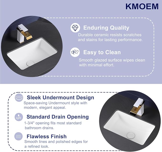 Undermount Bathroom Sink 17x11 Inch Small Bathroom Sink White Porcelain Ceramic Bathroom Under Counter Lavatory Vanity Sink Basin Rectangular Undermount Sinks with Overflow