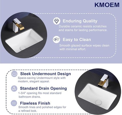 Undermount Bathroom Sink 17x11 Inch Small Bathroom Sink White Porcelain Ceramic Bathroom Under Counter Lavatory Vanity Sink Basin Rectangular Undermount Sinks with Overflow