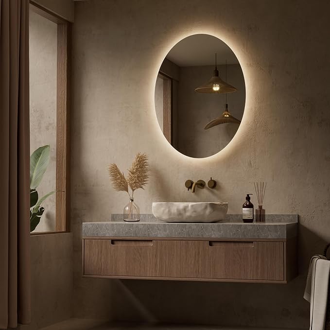 Keonjinn Oval LED Mirror 24 x 32 Inch, Backlit Mirror Bathroom with HD Tempered Glass, UL-Listed, 3 Color Temperatures, Stepless Dimmable, Defogging, Frameless Lighted Vanity Mirrors for Wall