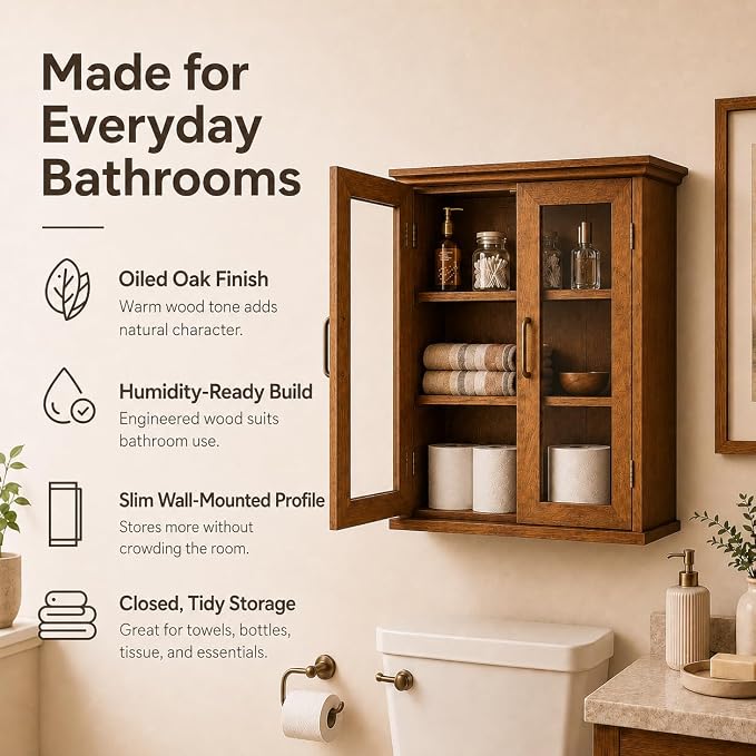 Teamson Home Avery Wooden Over The Toilet Bathroom Removable Wall Medicine Cabinet with 2 Adjustable Shelves 3 Storage Spaces 2 Glass-Paneled Doors and Antique Brass Knobs, Oiled Oak | Glass Paneled Doors, 2 Adjustable Shelves, Antique Brass Knobs, Med...