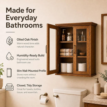 Teamson Home Avery Wooden Over The Toilet Bathroom Removable Wall Medicine Cabinet with 2 Adjustable Shelves 3 Storage Spaces 2 Glass-Paneled Doors and Antique Brass Knobs, Oiled Oak | Glass Paneled Doors, 2 Adjustable Shelves, Antique Brass Knobs, Med...