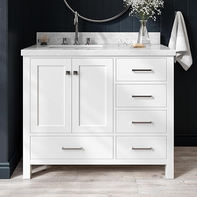 ARIEL Cambridge 42-inch Bathroom Vanity with Sink,Solid Wood, 1.5-inch Italian Carrara Marble Countertop, Single Rectangular Porcelain Sink, 2 Soft Closing Doors, 5 Dovetail Drawers, White