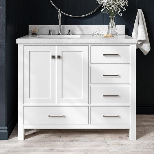 ARIEL Cambridge 42-inch Bathroom Vanity with Sink,Solid Wood, 1.5-inch Italian Carrara Marble Countertop, Single Rectangular Porcelain Sink, 2 Soft Closing Doors, 5 Dovetail Drawers, White