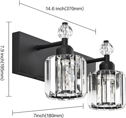 PRESDE 2-Light Crystal Bathroom Lights Fixtures Modern Matte Black Wall Lighting Over Mirror