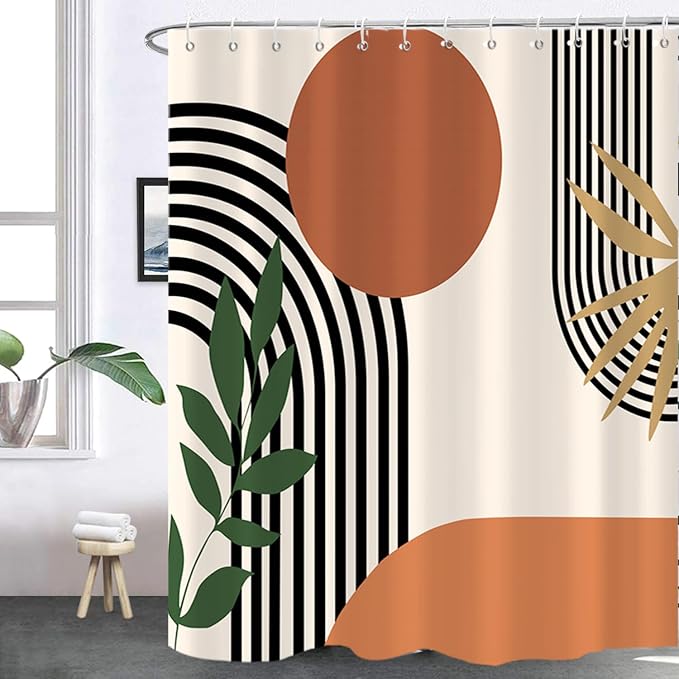 Boho Shower Curtain, Abstract Mid Century Modern Sun Tropical Leaf Machine Washable Waterproof for Bathroom Bathtub with Hooks 72x72