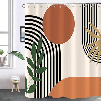 Boho Shower Curtain, Abstract Mid Century Modern Sun Tropical Leaf Machine Washable Waterproof for Bathroom Bathtub with Hooks 72x72