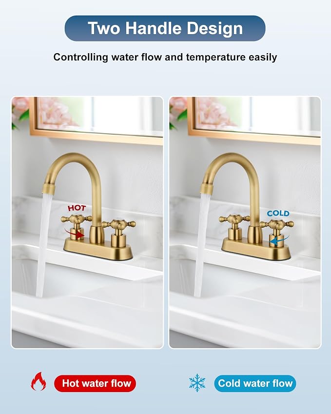 Antique Brass 4 Inch Centerset Bathroom Faucet, Vintage Bathroom Faucet | Lead-Free SUS304 Stainless Steel 4-Inch Vanity Faucet for 2 or 3-Hole Sinks, Cross Handle Design with 360° Swivel Spout