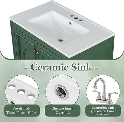 30" Bathroom Vanity with Sink, Storage Cabinet with Drawer, Two Doors with Shelf, Soft Close Door Hinges, Vintage Style, Green