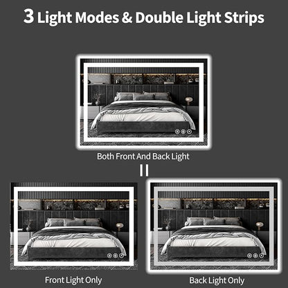 Koonmi 48x28 LED Bathroom Mirror with Light, Anti-Fog, 3 Colors | Backlit + Front Lit, Dimmable Brightness, Shatterproof HD Distortion-Free Tempered Glass, Hardware Included