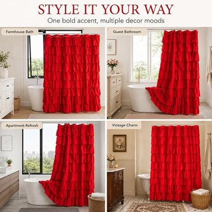Red Ruffle Shower Curtain for Bathroom, 72x72, Cottagecore Rural Farmhouse | Cascading Layered Ruffles, Standard 72" x 72" Fits Most Tubs & Showers, 12 Hooks Inclouded, Machine Washable, Soft Microfiber