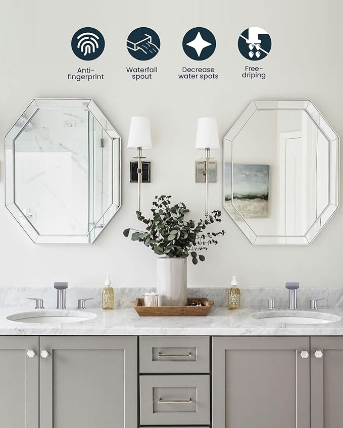 WOWOW Waterfall Bathroom Faucet 3 Holes 8Inch Widespread Bathroom Sink Faucet, Two Handles Brushed Nickel Bathroom Faucet with Pop-up Drain & Supply Hoses, Modern Faucet Mixer Taps Brushed Nickel
