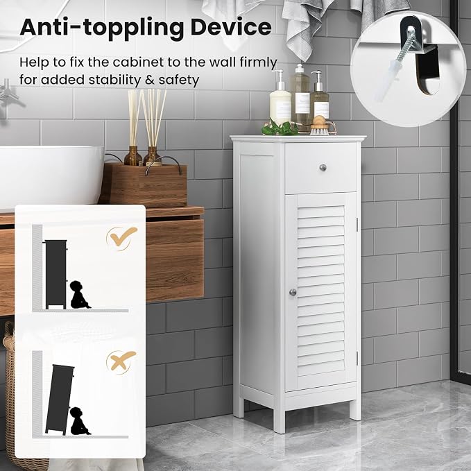 GIANTEX Bathroom Floor Storage Cabinet with Door and Drawer, White | Freestanding Side Cabinet with 3-Height Adjustable Shelf, Slim Cupboard, Storage Organizer Cabinet for Bedroom Living Room