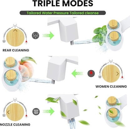 RV Bidet for Camper Toilet, Non-Electric Toilet Sprayer Attachment with Dual Nozzles, Adjustable Pressure, Front/Rear/Self Cleaning, Upgrade for Trailer, Motorhome, RV Bathroom (Bamboo Knob)