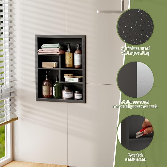 14x18 Medicine Cabinet Recessed Stainless Steel, with 4 Compartments Medicine Cabinet Organizer, Stainless Steel Wall Niche, Bathroom Wall Cabinet, Recessed Bathroom Cabinet, Black