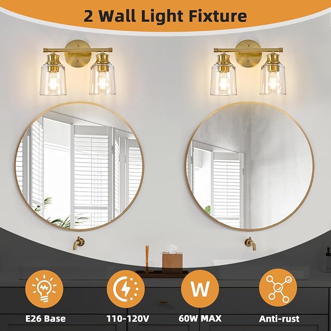 Bathroom Light Fixtures Over Mirror, 2 Lights Vanity Lights with Clear Glass Shade, 12.1" Gold Farmhouse Bathroom Wall Light Fixtures for Bedroom, Porch, Hotel, Mirror Cabinet