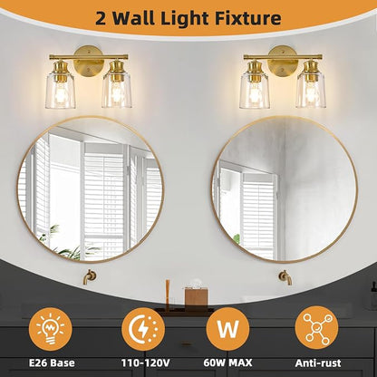 Bathroom Light Fixtures Over Mirror, 2 Lights Vanity Lights with Clear Glass Shade, 12.1" Gold Farmhouse Bathroom Wall Light Fixtures for Bedroom, Porch, Hotel, Mirror Cabinet