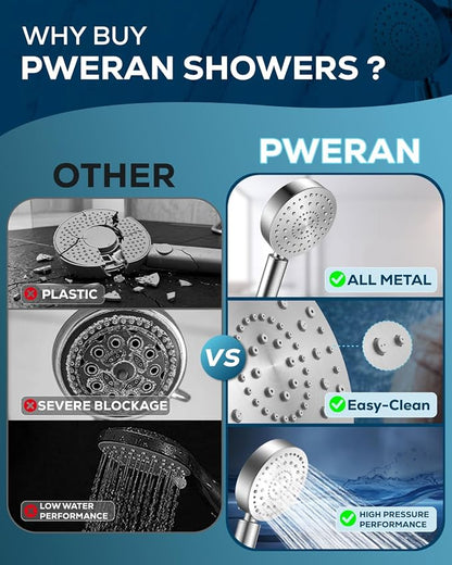 PWERAN Handheld Shower Head with 72" Hose, High Pressure Shower Heads | All Metal,6 Spray,Stainless Steel Showerheads,Built-in Pause Mode,Hand HeId Showerhead,Non-Clogging Nozzles,Adjustable Holder