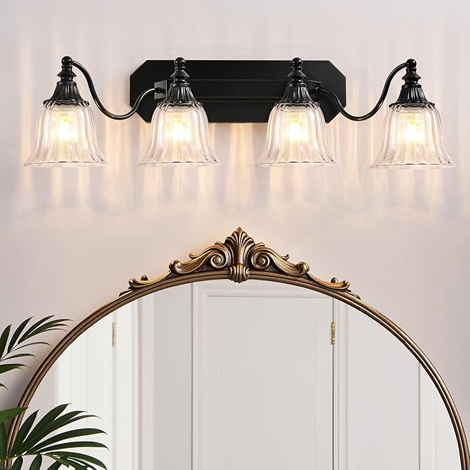 Black Vintage Bathroom Vanity Light Fixture, 4-Light Vanity Light for Bathroom, Antique Matte Black Finish with Crystal Glass Shade, Lighting Fixtures Over Mirror for Bedroom Living Room