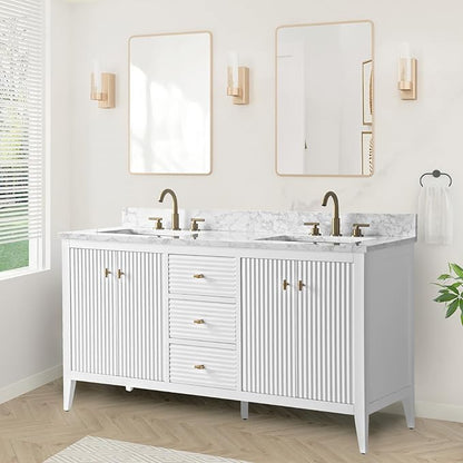 HOMEBEYOND 60" Bathroom Vanity with Double Sink, Solid Wood Bathroom Vanity Free-Standing Cabinet, Ceramic Top & Soft Closing Door, Golden Brushed Handware, White