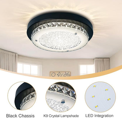 Black Flush Mount Ceiling Light Fixture 13" Hallway Light Fixtures Ceiling Crystal LED Bathroom Dimmable Bedroom Lights for Ceiling
