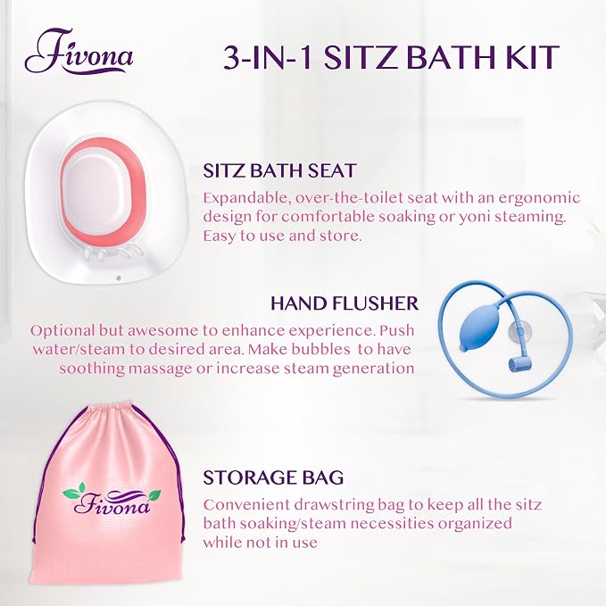 Fivona Sitz Bath for Toilet Seat with Massage Hand Flusher; Postpartum Care and Hemorrhoid Treatment; BPA Free Yoni Steaming Kit; Perfect for Perineal Soak and Portable Bidet