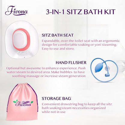 Fivona Sitz Bath for Toilet Seat with Massage Hand Flusher; Postpartum Care and Hemorrhoid Treatment; BPA Free Yoni Steaming Kit; Perfect for Perineal Soak and Portable Bidet