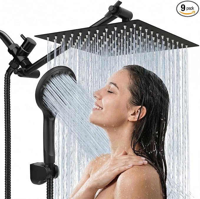 Shower Head, 10'' High Pressure Rainfall/Handheld Shower Combo, Matte Black | 9 Settings, Anti-leak Shower Head with 11'' Extension Arm, Holder, Hose, Height/Angle Adjustable Shower, 1.75GPM