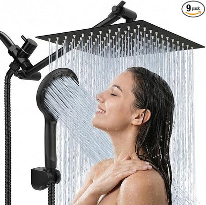 Shower Head, 10'' High Pressure Rainfall/Handheld Shower Combo, Matte Black | 9 Settings, Anti-leak Shower Head with 11'' Extension Arm, Holder, Hose, Height/Angle Adjustable Shower, 1.75GPM