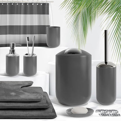 Clara Clark Bathroom Set - Gray Bathroom Accessories Set, Bathroom Sets with Shower Curtain and Rugs, 23PC Shower Curtain Set with Liner, Soap Dispenser, Soap Dish, Toilet Brush Holder, and Trash Can