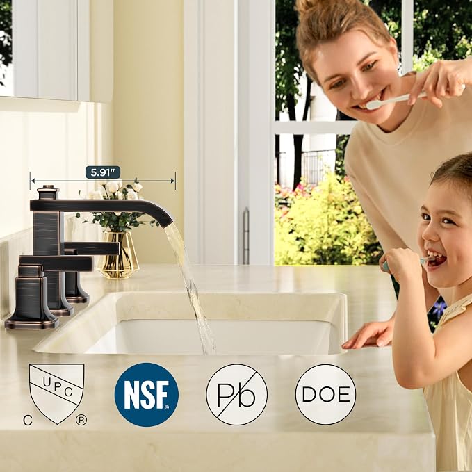 FORIOUS Bathroom Faucet 3 Hole Widespread Sink Faucets Oil Rubbed Bronze | 3-hole 4-12 Inch Widespread Sink, Square Waterfall Spout, with Drain and Hoses,for Vanity Rv Commercial Lavatory Restroom