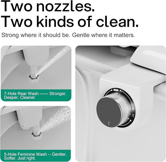 hansrapo Bidet Attachment Non-Electric, Dual Retractable Nozzles for Rear & Feminine Wash, Adjustable Water Pressure, Space-Saving Design for Small Bathrooms.