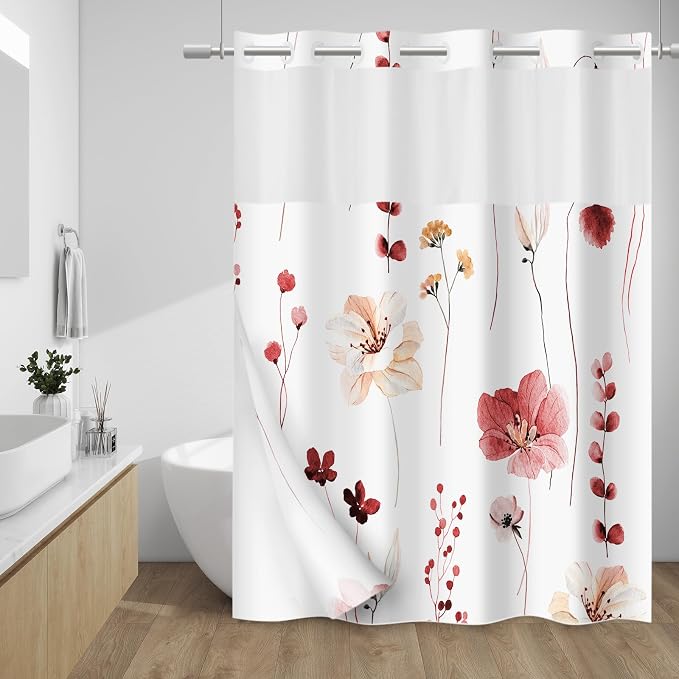 No Hook Floral Shower Curtain with Liner, Red, 71x74 | Snap in Liner, 3 in 1, Water Repellent, Easy Install, Machine Washable, Hotel Style for Bathroom, Watercolor Pattern