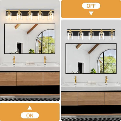 5 Light Modern Bathroom Light Fixtures Over Mirror, Black Gold Vanity Lights for Bathroom Wall Sconces with Clear Glass Shades, E26 Socket (Bulbs Not Included)