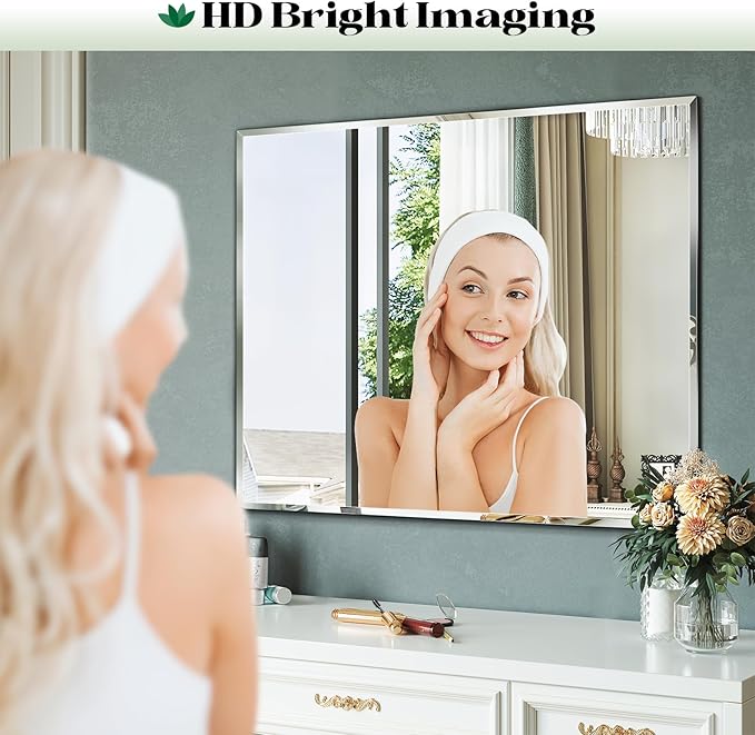 Large Frameless Beveled Bathroom Wall Mirror, 48"x32" Reactangle Frameless Bathroom Wall Mirror Over Sink, Vanity Mirrors for Entryway, Bedroom, Living Room, Hangs Horizontally or Vertically