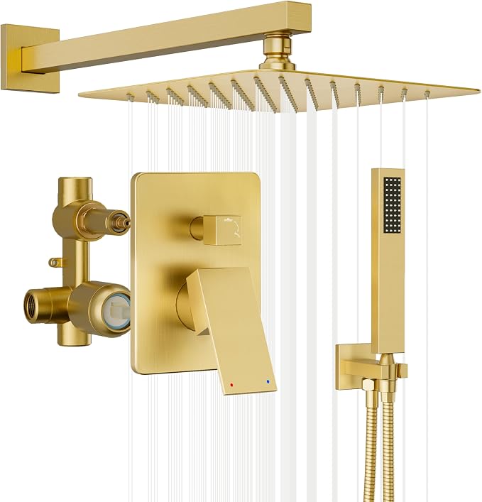 Gold Shower System, Shower Faucet Set with 12" Rain Shower head | All Metal Bathroom Wall Mounted High Pressure Shower head with handheld Combo Set Included Valve and Trim kit