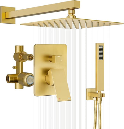 Gold Shower System, Shower Faucet Set with 10" Rain Shower head | All Metal Bathroom Wall Mounted High Pressure Shower head with handheld Combo Set Included Valve and Trim kit