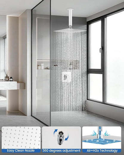Airuida 10 Inch Chrome Polish Shower Faucet Set,Rainfall Shower System | Ceiling Shower Head,Male Thread Rough-in Valve,Ceiling Mount,Single Handle